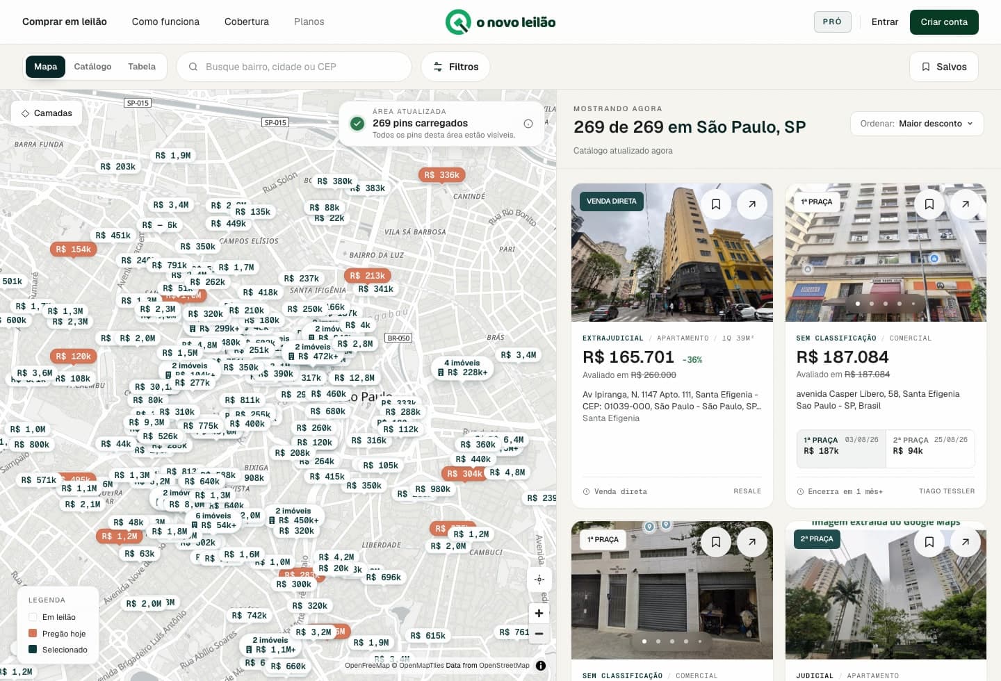 Mapa do O Novo Leilão com pins de preços e lista de imóveis em leilão